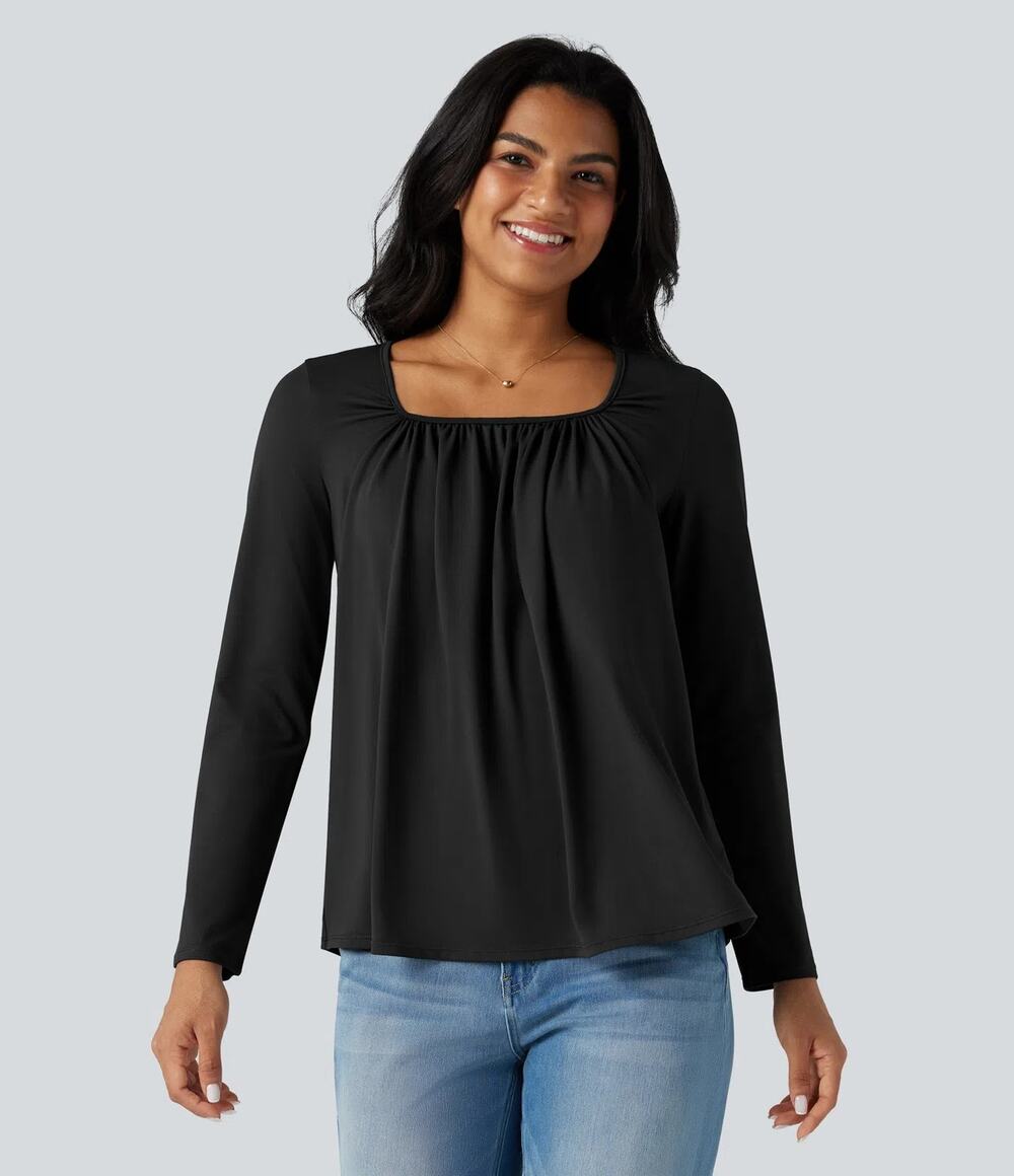 NEW Halara Square Neck Long Sleeve Casual T-Shirt Black XS
